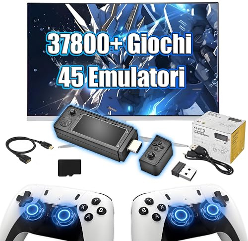 X9 Pro Console di gioco Retrò Game Stick 4K,37800+ Giochi 45 Emulatori,Sistema Emuelec 4.3,Ricerca Giochi,Console di gioco portatile con Controller Wireless 2.4G,Plug & Play Videogiochi per TV (64G)