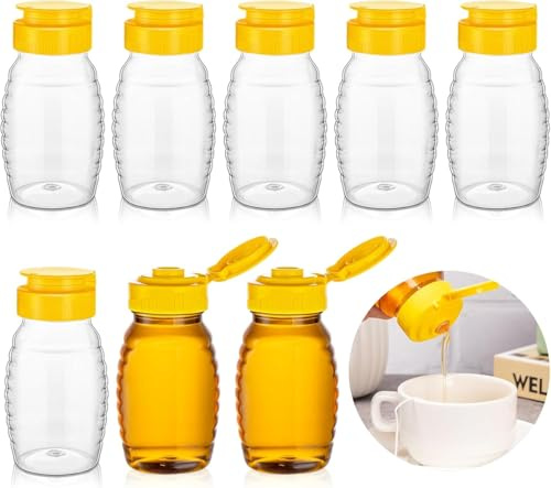 8Pcs Honey Dispenser No Drip, 5oz Clear Plastic Honey Jars, Refillable | Squeeze Bottles with Leak-Proof Flip-Top Caps for Storing and Dispensing Honey, Syrups and Condiments