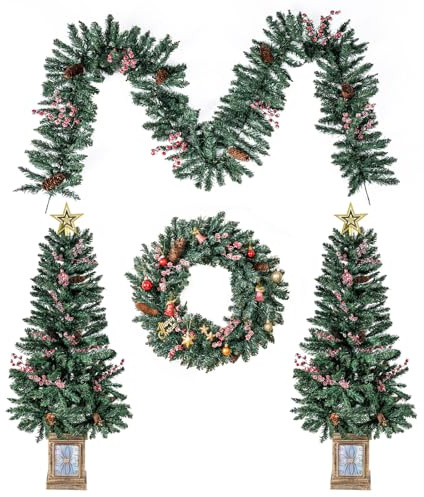 COSTWAY Set of 4 Christmas Trees with Garland and Wreath, 2 Pack Potted Entrances Trees with Natural Pine Cones, Frosted Red Berries and Treetop Star, Seasonal Holiday Decoration for Front Porch Party