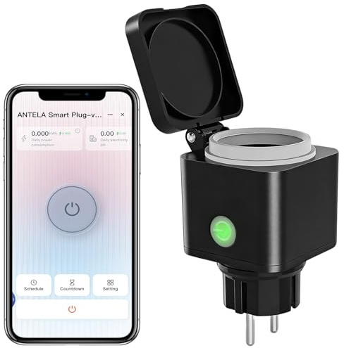 ANTELA Enchufe Inteligente WiFi para Exteriores,con Alexa y Google Home,Enchufe WiFi con Monitorización del Consumo Energético,Mando a Distancia,Temporizador,2,4 GHz,16 A,Impermeable IP54,1 unidades.