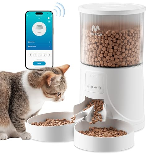 IMIPAW Automatic Cat Feeder: 2 Bowls, App Control, 5G WIFI Auto Pet Feeders | Remote Feeding, Programmable 1-10 Meals, 4L Smart Timed Dog Food Dispenser, Fresh Lock Technology, Detachable Clean