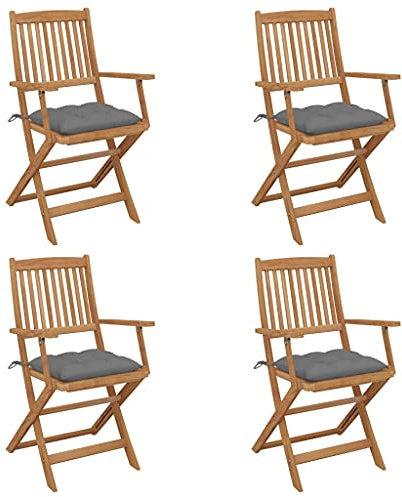 Owoxanthellate 4er Set Klappstühle Akazie massiv 54x57x91 cm klappbar mit 7 cm Kissen Grau Gartenstuhl Terrassenstuhl wetterfest Balkonstuhl modern für Garten, Terrasse und Campingplatz