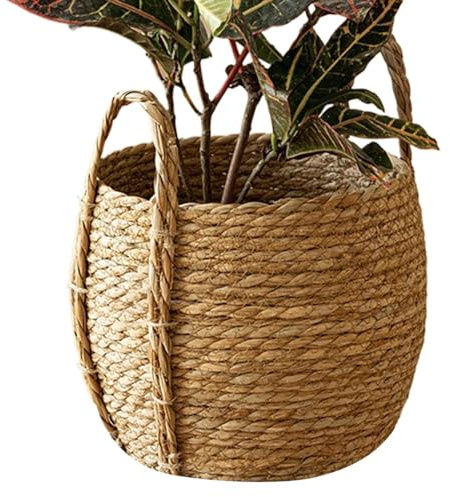 Maceta de mimbre | Maceta de pie con asa, cesta tejida de ratán | para dormitorio, guardería, balcón, patio, casa de campo