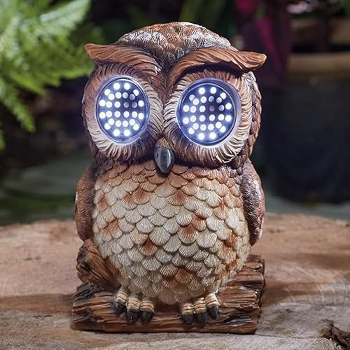 Garden Mile 18cm Large Solar Owl Garden Ornament Outdoor - Blinking LED Eyes Owl Outdoor Statues - Waterproof Resin Solar Garden Ornaments for Lawn, Patio, Garden Decor - Outdoor Animal Statues