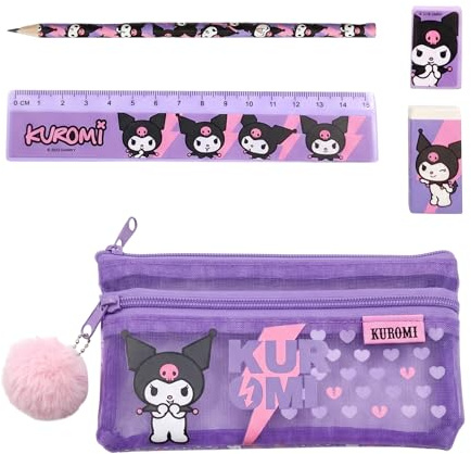 Hello Kitty Kuromi Schreibwarenset für Mädchen, Inklusive Lineal, Bleistift, Anspitzer, Radiergummi und Federmäppchen, Geschenk für Mädchen