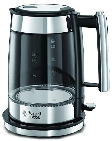 Russell Hobbs Hervidor de Agua Eléctrico Elegance - 1,7 litros, 2200W, Diseño de Cristal, Iluminación Azul, Filtro Extraíble, Base de 360°, Detalles en Acero Inoxidable, Plata - 23830-70