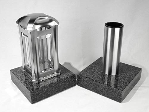designgrab Grablampe Venezia und Grabvase Tube aus Edelstahl mit 2 Stück Granitsockel in Nero Impala/Astor