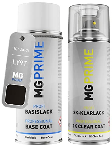 MG PRIME Autolack Spraydose für Audi LY9T / Y9T / 0E Mythosschwarz Me. +2K | Grenadillschwarz Metallic / Mythosschwarz Metallic, Set aus Basislack + 2K Klarlack, Sprühdosen 400ml