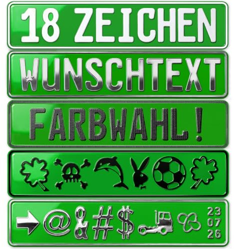 Fun-Kennzeichen bis zu 18 Zeichen – Wunschkennzeichen Schild personalisiert | Farben - Symbole - Bohrungen & Saugnäpfe optional wählbar | Individuelles Alu-Kennzeichen 52×11cm | Namensschild Autoschild