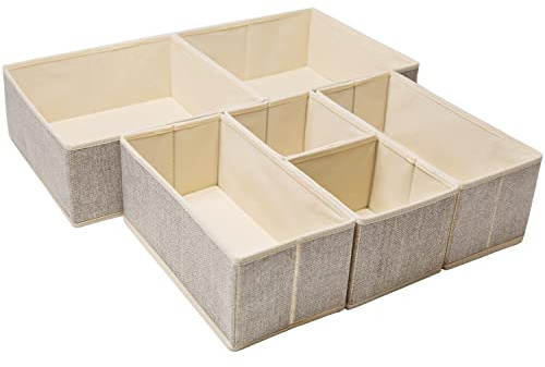 Criusia Underwear Drawer Organizer, 6 Set Foldable Underwear Drawer Organizer and Closet Dividers,Storage Box for Clothes, Socks, Underwear (6 Bins, Beige)