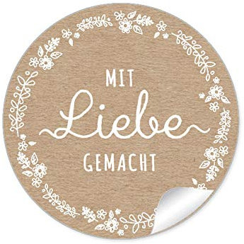 48 STICKER: Mit Liebe gemacht Etiketten für ihr Gastgeschenk in Natur/Kraftpapier Look mit weißer Blütenranke zum beschriften von Selbstgemachtes, Briefen oder Geschenkverpackungen