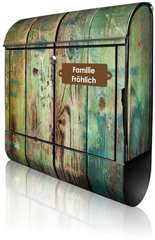 banjado Design Briefkasten personalisiert 38,5x46,5x13cm & 2 Schlüssel - Briefkasten Stahl Schwarz Zeitungsfach pulverbeschichtet - Postkasten A4 Einwurf inkl. Montagematerial - Motiv Grünes Holz