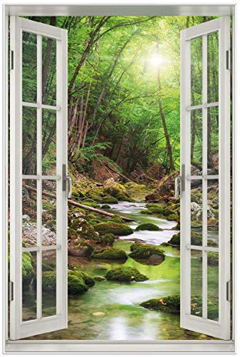 Wallario Wandbild - Fluss im Wald in Premiumqualität, Poster mit weißem Rahmen, Größe: 61 x 91,5 cm mit Fenster-Illusion