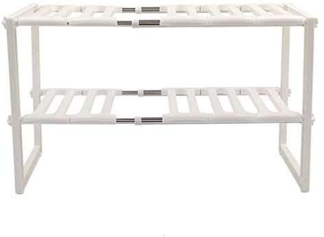 BPIL Expandable Under Sink Organizer – 2-Tier Adjustable Shelf with 10 Removable Panels, Stainless-Steel Pipes & Hooks, Perfect for Kitchen, Bathroom & Bedroom Storage, Easy Assembly, 50-70cm