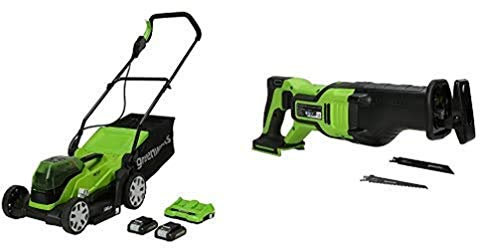 Greenworks 2x24V Tagliaerba a Batteria, Ampiezza di Taglio 36cm, Due 24V 2Ah Batterie & Caricabatterie + Greenworks GD24RS Sega a Gattuccio Batteria, SENZA Batteria e Caricabatterie, Garanzia 3 Anni