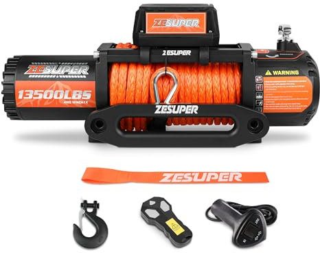 ZESUPER Verricello elettrico con capacità di carico di 6.123,5 kg, 12 V, impermeabile IP67, kit argano sintetico per camion, camion, SUV, con telecomando senza fili e controllo con cavo