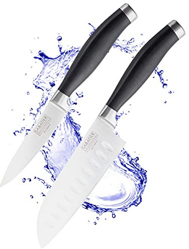 Sabatier Professional Kitchen Knife Set - 2pc, 5in/12cm Oriental Santoku & 3.5”/9cm Paring Knives. Taper Ground Stainless Steel Blade, Matt Black Rubberised Handle. Lifetime Performance 25yr Guarantee