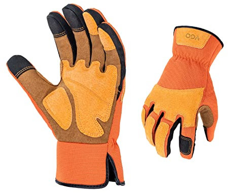 Vgo... Gants de jardinage cuir pour femmes, contre les épines, gants de travail jardinage de sécurité, protection anti-rayures,anti-abrasion(SL7475,Orange,8/M,1Paire)