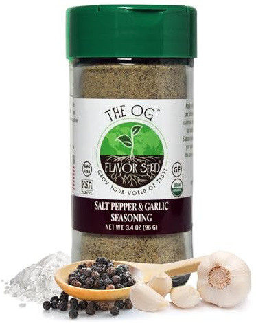 Organic Salt Pepper Garlic Seasoning - The OG by Flavor Seed, Carnivore & Keto Friendly Organic Garlic Salt, SPG Seasoning for Grilling Meat & Veggies, Popcorn Topping, Kosher, 3.4oz Shaker Jar