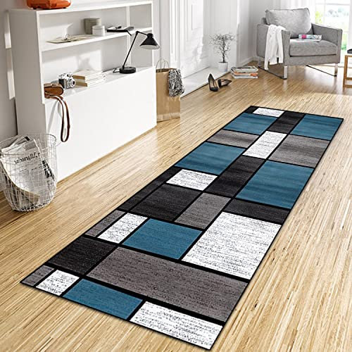 WTHYGB Teppich Läufer Flur Küche 70x250 cm, Modern rutschfest Waschbar Küchenläufer Flurläufer, Lang Polyester Plaid Muster Navy Blau Teppichläufer für Korridor, Schlafzimmer, Innen Wohnzimmer