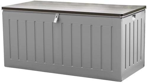 Olsen & Smith 830L Extra Large XL Outdoor Garden Storage Box - Weather Resistant Heavy Duty Garden Box Wood Effect with Padlock - Massive Capacity Storage Chest for Tools Cushions Toys & More, Grey