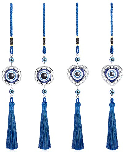 WEBEEDY 4 Stück Nazar Boncuk Evil Eye Wanddeko Türkisches Evil Eye Auto Hängende Blau Auge Evil Eye Wandbehang Schutz Segen Glücksbringer Geschenk Glasperlen Anhänger für Auto Haus Zurück zur Schule