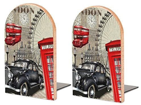 Packung Mit 2 Buchstützen London Vintage Red Bus Telefonzelle Rutschfester Bücherständer Aus Holz Bücherregal Bücherhalter Für Home Desk Office Library