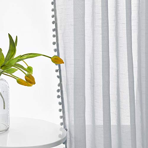 Treatmentex Cortinas Gris Translúcidas con Pompones para Salón, 140x245cm | Cortinas Modernas con Bolsillo para Barra, Visillos para Dormitorio y Sala de Estar, Filtran Luz Solar Suavemente, 2 Piezas