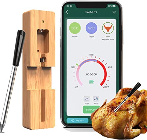 Zeerkeer Sonde Temperature Cuisine 50m Thermomètre Cuisine Sans Fil Étanche Bluetooth Thermomètre à Viande Pour Gril, Cuisine, Barbecue, Rôtissoire, Bluetooth la Télécommande avec Intelligent App