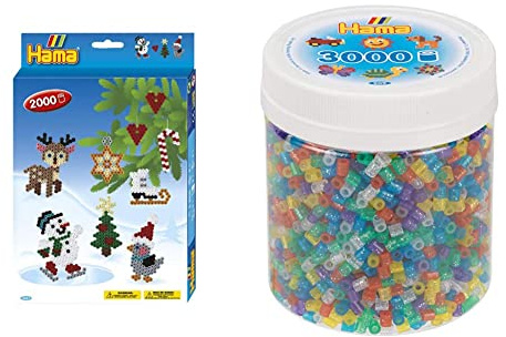 Hama Perlen 3437 Geschenk-Set Weihnachten mit ca. 2.000 bunten Midi Bügelperlen & 209-54 Bügelperlen Beutel mit ca. 3.000 bunten Midi Bastelperlen mit Durchmesser 5 mm im Transparent Glitter Mix