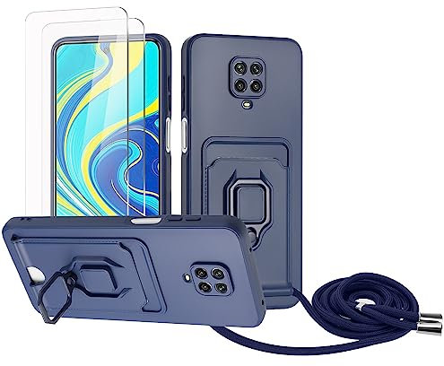 Zallagre Funda con Cuerda Compatible con Redmi Note 9 Pro/Note 9S,[2 Packs Cristal Templado],Ranura para Tarjetas,Cubierta de Cámara Deslizante Proteger,360 Anillo Soporte-Azul Marino