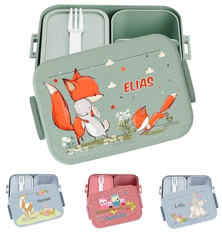 wolga-kreativ personalisierte Mepal Brotdose mit Fächern mit Fuchs Hase Motiv - Lunchdose Kinder, Jausenbox Brotbox Schule Kindergarten Geschenk Geburtstag Einschulung