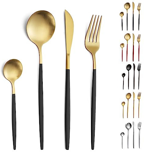 Pleafind Besteck Set, 24 teilig Besteck Set 6 Personen, Besteckset aus Edelstahl, Besteck Schwarz Gold Matt, Bestecksets, Essbesteck, Besteck mit Messer, Gabel, Löffel, Spülmaschinenfest