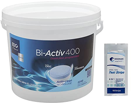 EDG Premium BI-ACTIV 400 Galets 400g Sachets Hydrosolubles - 2,8kg | Chlore Lent Stabilisé Multiaction - Désinfection Régulière Multifonction Action Choc - Dissolution Lente + 10 Tests HPS OFFERTS