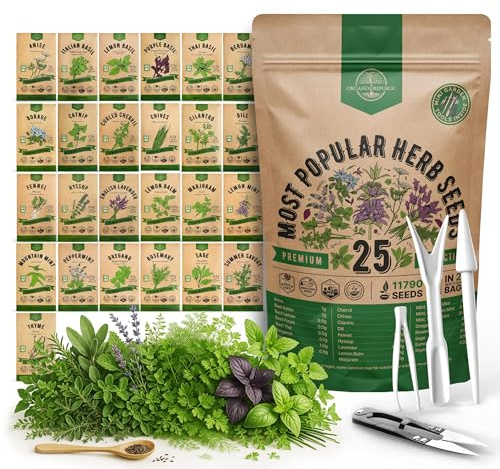 25 Most Popular Herb Seeds Variety Pack - 11,700 Non-GMO Heirloom Seeds for Planting Herbs in Individual Seed Packets for Hydroponic, Indoor & Outdoor Gardening - 2026 Season: Catnip, Dill, Thyme