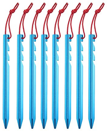 Zeltheringe, ultraleichte, robuste Zeltheringe aus Aluminiumlegierung, Y-förmige, robuste Zeltheringe, mit reflektierendem Seil, für Camping, Strand, Outdoor und Sand (rot 8 Stück) (blau 8 Stück