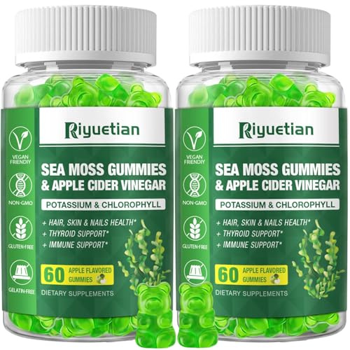 Riyuetian 2 Pack Sea Moss Gummies - 120 Vegan Irish Moss Gummy Bears - Made with Natural & Organic Sea Moss Gel, Bladderwrack & Burdock Root - Seamoss Supplement for Energy, Immune Support