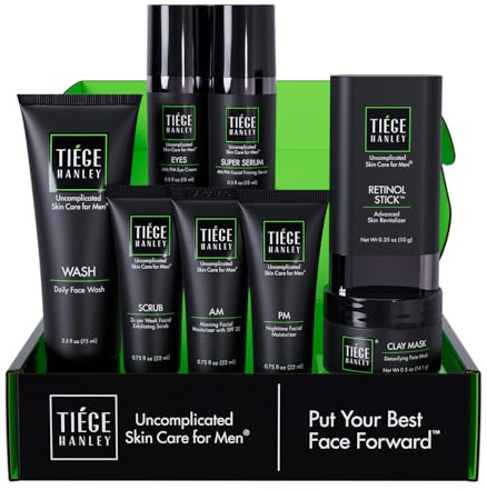 Tiege Hanley Kit de Soins de la Peau pour Homme, Routine de Rajeunissement, Niveau 5 du Système, Nettoyant pour le Visage, Gommage, Hydratants, Crème pour les Yeux, Sérum, Masque en Argile, et Bâton