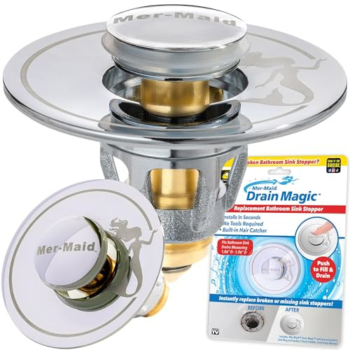 Mer-Maid Drain Magic Extra-Rugged Universal Sink Stopper, AS-SEEN-ON-TV, Instantly Replace Broken or Missing Stoppers, Push To Fill & Drain, Prevents Clog, Watertight Silicone Gasket & Seal - No Tools