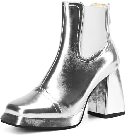 Carkuolary Womens Mode Side Zipper Argent Chaussons Chunky Heel Bottines Disco Costume Hiver Chaussures pour femme Filles Dames Taille 40