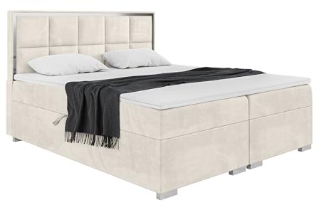 MEBLINI Boxspringbett mit Bettkasten - 160x200 - Gepolstert Doppelbett mit Matratze und Topper - Polsterbett mit Stauraum - Bett mit Kopfteil - Dani Silver - H4/Creme Samt