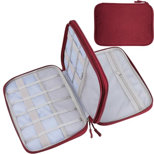 Teskyer Travel Cable Organiser Bag, Travel Essential, Wine Red | Waterproof, Travel Electronics Organizer, Travel Accessories, Holiday Essentials for Men Women, 24 x 17 x 4.9 cm