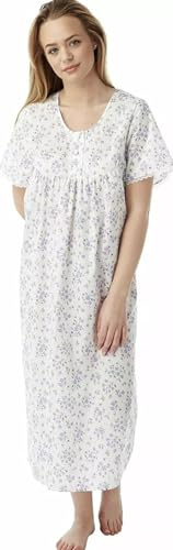Tesmark Womens Nightwear Cotton Floral Print Short Sleeve Front Button Opening Ladies Nighties with Lace, Long Lenght Nightdresses for Women UK Size 10-30 MN145