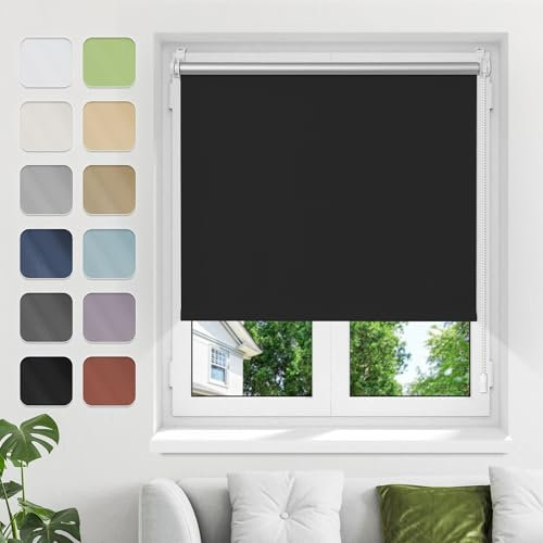 Verdunkelungsrollo ohne Bohren Klemmfix B45xH130cm(Stoffbreite40cm) Schwarz Verdunklungsrollo Fensterrollo Thermorollo Rollo Seitenzugrollo Klemmrollos für Fenster