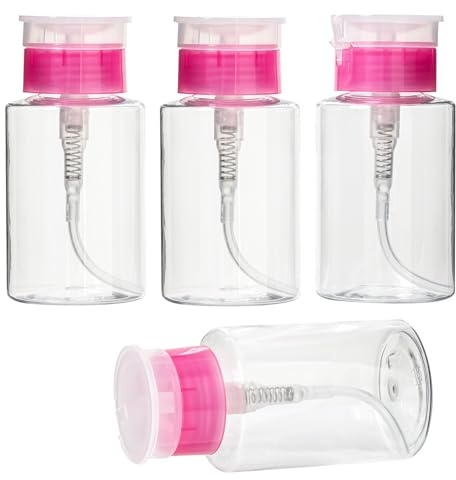 4 Stück Pumpflasche 180ml Nagellackentferner Leer Transparent Dispenser | Aus PET und PP, Ungiftig und Geruchlos, Auslaufsicher und Kompakt für die Tasche, Rosa Deckel, für Make-up-Entferner