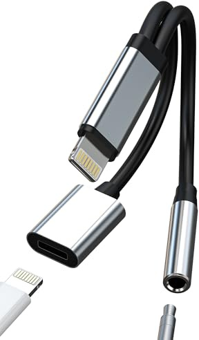 Adaptador Lightning a jack de 3,5 mm auriculares (2 en 1) para iPhone14 Aux Audio Cable Adapter para Apple MFi Certified Auriculares Cargador Divisor para iPad Headphone Carga Splitter Accesorios 3,5