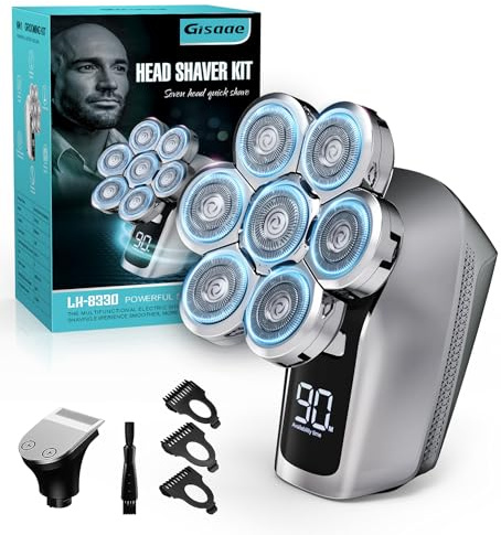 Gisaae Rasoir Tete Chauve Homme, rasoir 7D amélioré pour hommes chauves, rasoir électrique humide/sec étanche IPX7, kit de toilettage de barbe avec écran LED, rasoir rechargeable pour tête chauve