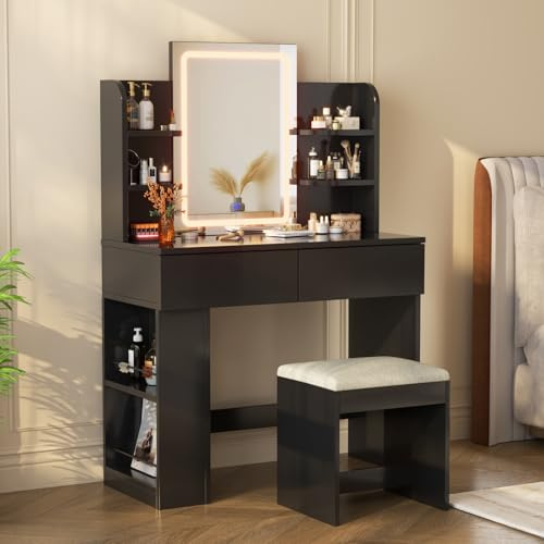 Devoko Schminktisch mit Spiegel, Frisiertisch mit LED-Beleuchtung Spiegel Verstellbarer Helligkeit, Kosmetiktisch mit Hocker, 2 Schubladen, 4 Ablageböden, Modern (Schwarz, 90cm)