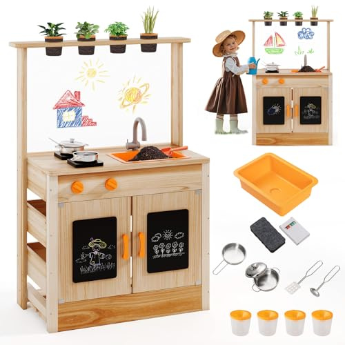 HONEY JOY Mud Kitchen, Fir Wood Outdoor Play Kitchen for Toddlers, 4 Planting Cups, Cookware, Faucet & Sink, DIY Acrylic Board & Blackboard, Storage, Mud Table, Mud Kitchen for Kids Outdoors, Natural