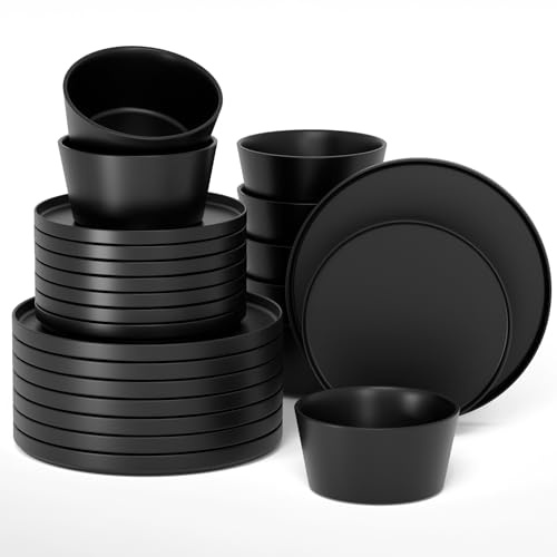 MIAMIO – Geschirrset 8 Personen / 24-teiliges Steingut modern/Tafelservice – Spülmaschinen- und Mikrowellenfest - Luxe Kollektion (Schwarz, Geschirrset (24x))